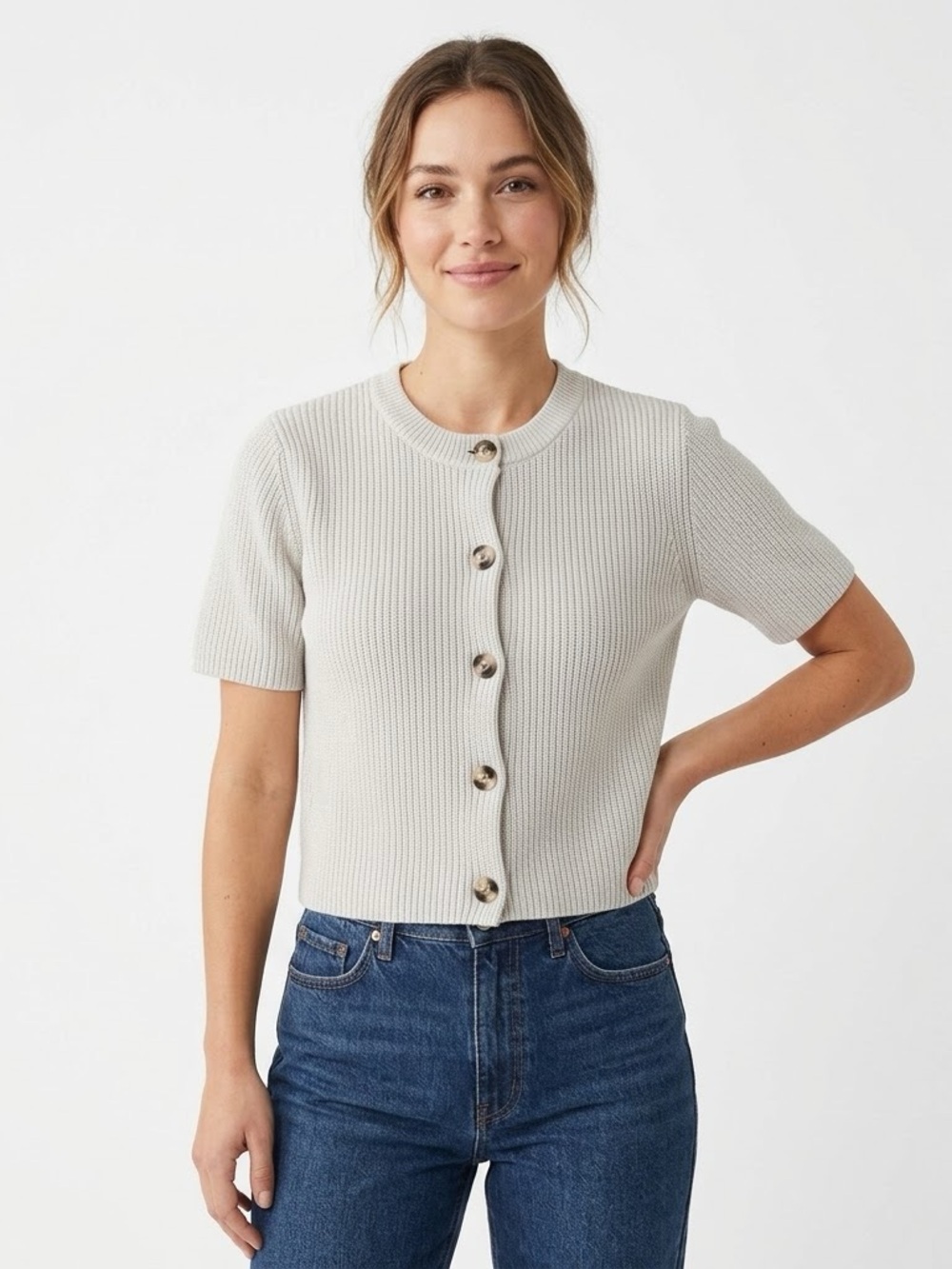 525 Short Sleeve Ribbed Cardigan Top Womens XS Off White Trim Cotton Buttons